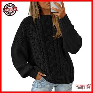 Oversized Cable Knit Pullover Sweater Lantern Sleeve Loose Fit